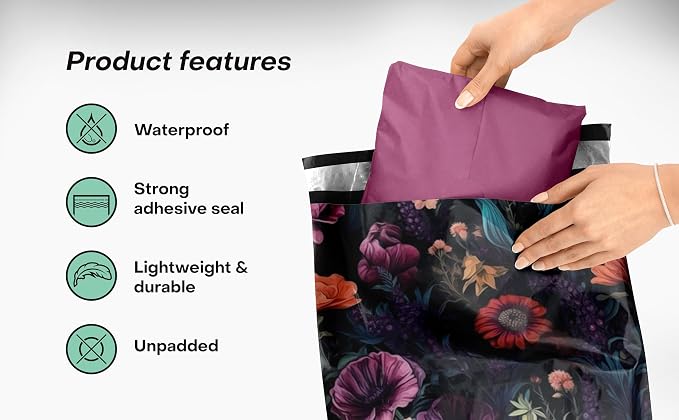 Package Mint 10x13 Poly Mailers - 100 Pack Dark Floral Design Poly Mailer Shipping Bags - Waterproof, Tear-Resistant, Self-Sealing Adhesive Mailing Bags for Clothes and Accessories