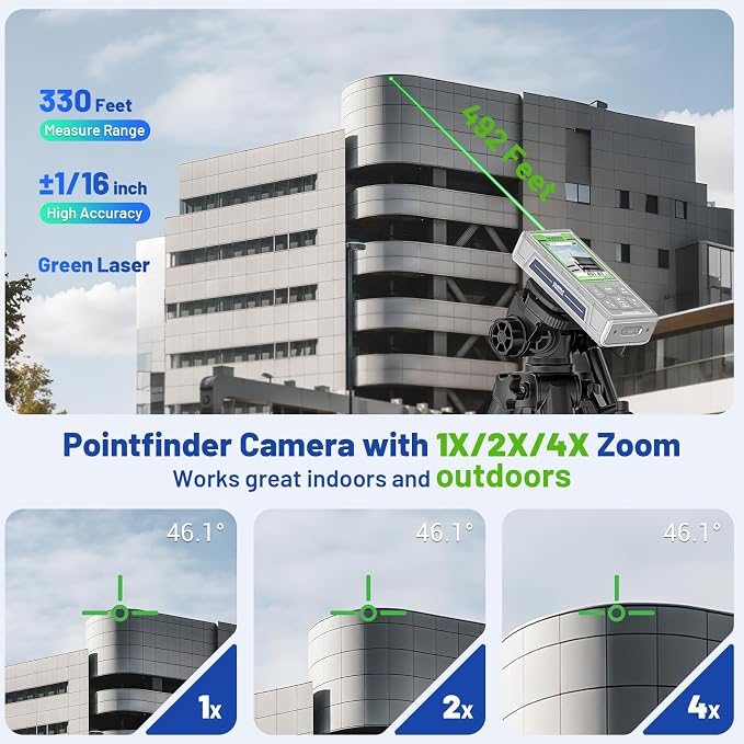 Huepar Pro Laser Measuring Tool, 330Ft Outdoor Laser Measure with Camera & Bluetooth Connected, Laser Distance Meter with P2P Technology, Free APP, IP68, Micro USB Cable,Hand Strap&Pouch -SW-100GQ