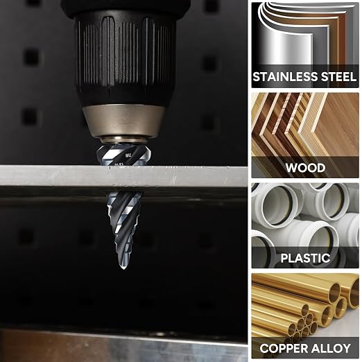 Four Spiral Flute Step Drill Bit Set, 1/8"-1-3/8" (59 Sizes), 5PCS High-Speed Steel Unibit Step Bits with 1/4" and 3/8" Hex Shank for Stainless Steel,Metal,Aluminum,Wood,Plastic