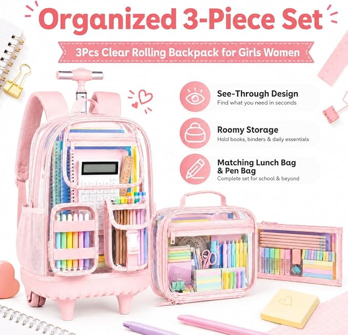 CCJPX 3Pcs Clear Rolling Backpack for Girls Women, Heavy Duty PVC Transparent Wheeled Bookbag, See Through School Bags with Wheels for Teens Elementary Travel - Pink