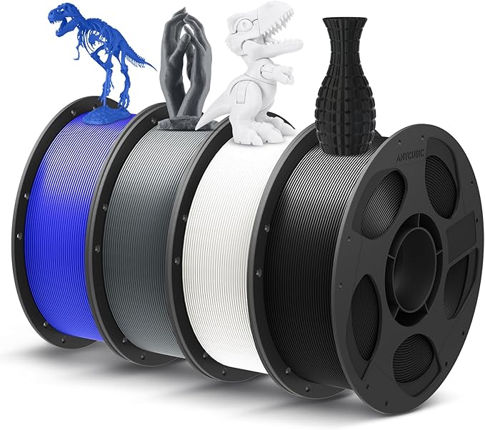 ANYCUBIC PLA Plus (PLA+), 3D Printer Filament 1.75mm Bundle, High Toughness, Dimensional Accuracy +/- 0.02mm, Print with Most FDM 3D Printers, 4 Pack 1KG Reusable Spool, Gray, Black, White, Blue