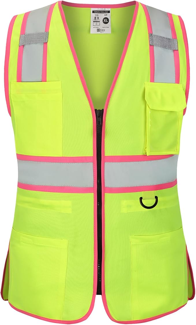 FATONE Women's ANSI Class 2 High-Vis Safety Vest with Reflective Strips, Zipper Pockets & Adjustable Waist - Yellow/Pink Construction Work Vest for Warehouse Personnel, Road Crews XS