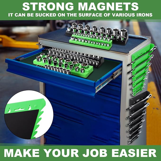 Blulu 8 Pcs Magnetic Socket Organizer & Magnetic Wrench Organizer Set 1/4", 3/8", 1/2" Socket Holder, 24-slot Drawer Storage Rack Tool Tray SAE (1/4" to 1-1/16"), Metric (6mm to 24mm) Black Green