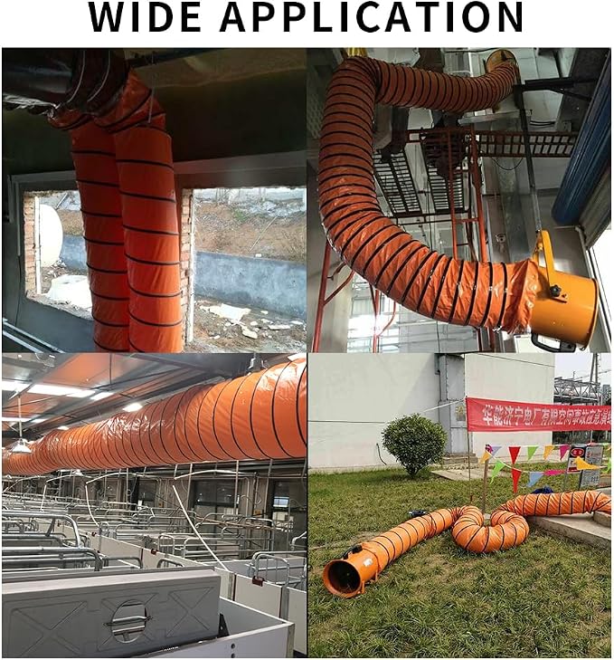 16FT Flexible Duct Hose PVC Flame Retardant Duct Hosing with S Hook & Steel Support for 14IN Utility Blower Exhaust Fan