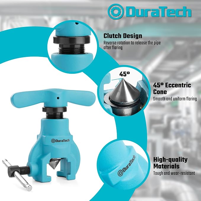 DURATECH Tubing Flaring Tool Kit, 45° Eccentric Cone Flaring Tool with Clutch, 7 Dies for 3/16 ” to 3/4 ” Copper, Aluminum, and Brass Tubing, for HVAC, Refrigerator Repair and Handmade