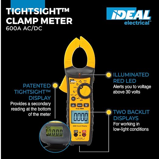 IDEAL Electrical 61-747 TightSight 400 Amp 600-Volt Digital Truerms AC/DC Clamp Meter, CAT III 600V, Dual Backlit Displays, Flashlight, NCV 40–600V, Temp, Continuity, Capacitance, Diodes, Probe Holder