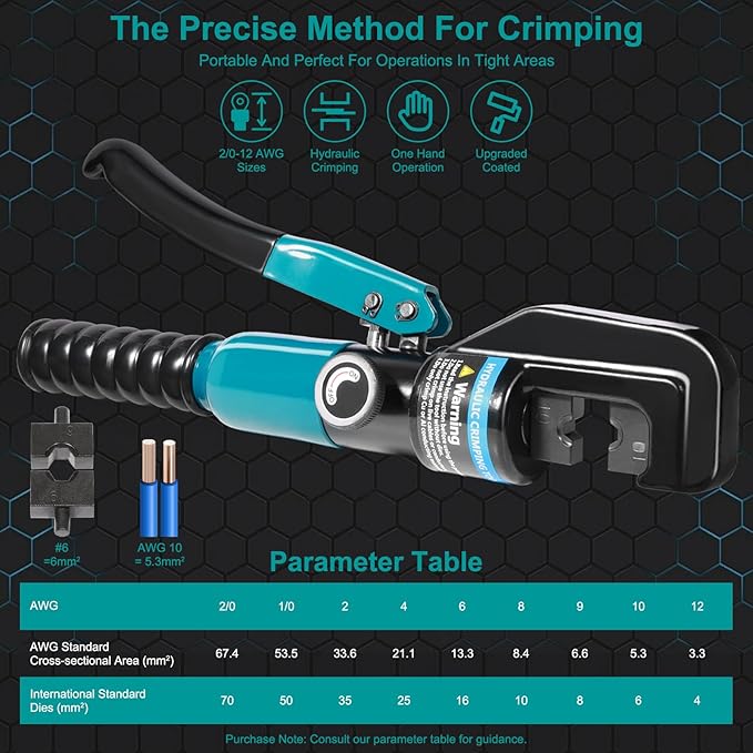Brileine Hydraulic Crimping Tool Only 12 AWG to 2/0 AWG without Dies for Battery Cable Wire Lug Terminal Copper Aluminum