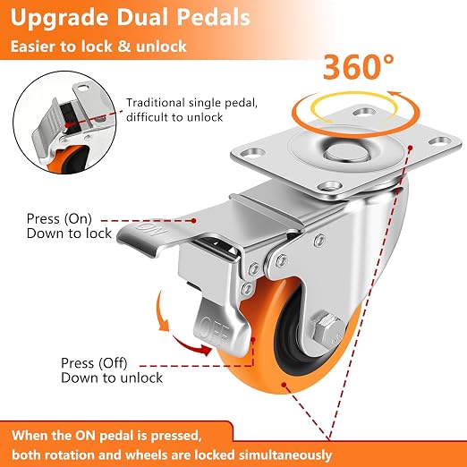 Caster Wheels, 3" Casters Set of 4 Heavy Duty - Dual Pedal Locking Casters with ON/Off Tabs (Easier to Operate), Swivel Plate Caster, No Marks Castor Wheels for Carts Furniture and Workbench