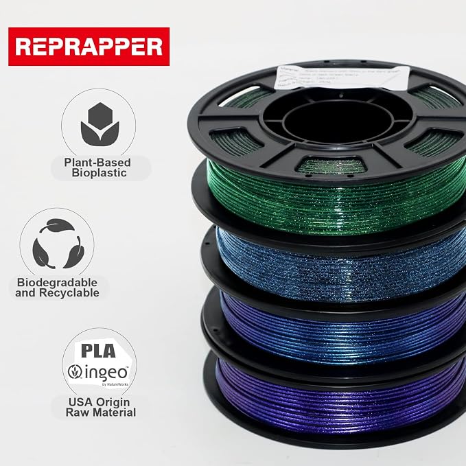 RepRapper Glitter Multicolor Mixed 250g*4 Sample Pack, Shiny Galaxy PLA Filament 1.75mm, Glow in the Dark Green 3D Printer Filament, Sparkle Laser Series 3D Printing Filament for 3D Printer