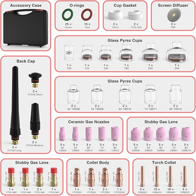YESWELDER 123 Pcs TIG Welding Torch Stubby Gas Lens Glass Cup Kit For WP-17/18/26
