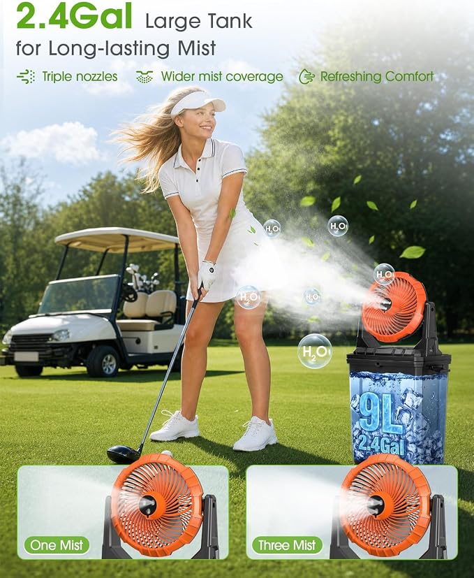 Ausic 2026 Upgraded 10″ 9L Oscillating Portable Misting Fan With Light, [Max 55Hrs] Golf Cart Mister Fan for Outside Patios, Outdoor Rechargeable Battery Operated Water Cool Fan-3 Spray Misters