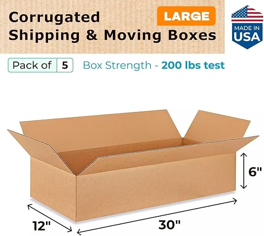 Large Shipping & Moving Boxes 30 x 12 x 6 inches (5-Pack) - Extra Strength 200 lb vs Regular - USA-Made Corrugated Shipping Boxes for USPS/FEDEX - Large Cardboard Moving Box by IDL Packaging