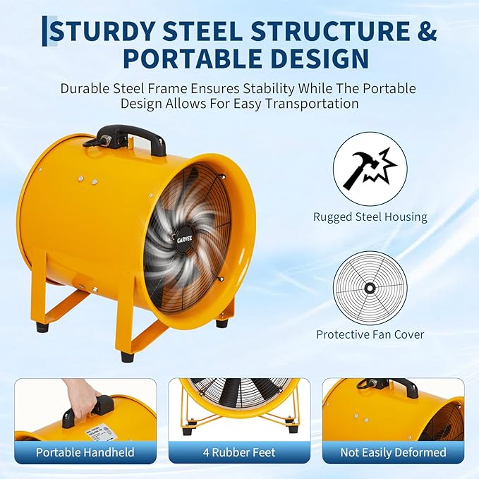 12 Inch Air Mover Blower Fan, 3500 CFM Heavy Duty Industrial Exhaust Fan with 16.4 ft Flexible Duct, Low-Noise Portable Blower Exhaust Fan for Construction, Workshops