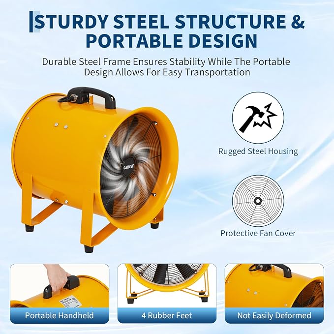 12 Inch Air Mover Blower Fan, 3500 CFM Heavy Duty Industrial Exhaust Fan with 32.8ft Flexible Duct, Low-Noise Portable Blower Exhaust Fan for Construction, Workshops