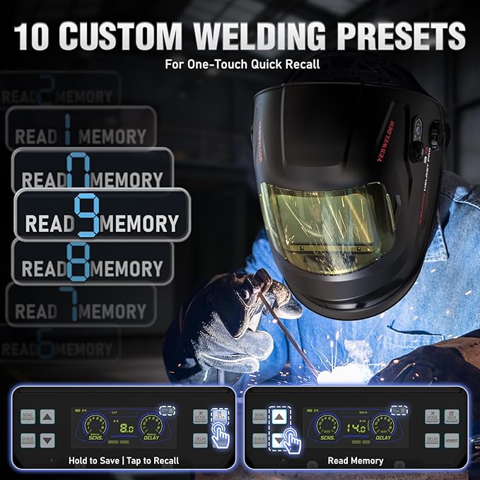 YESWELDER Intelligent Auto-Shade Auto-Darkening Welding Helmet, Large View with Internal Digital Display, True Color 1/1/1/1, Memory & Gradient Wide Shade 3/4-8/9-14 for MIG/TIG/Stick/Tack/Grind/Cut