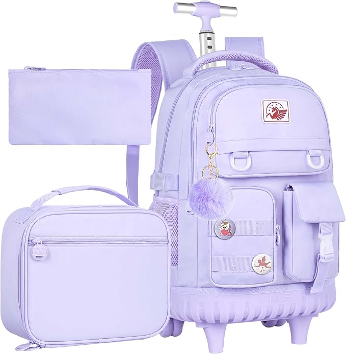 CCJPX Rolling Backpack for Girls Women, 21 inch Roller Wheels School Bookbag, Wheeled Suitcase Backpacks with Lunch Bag for Teen - Purple