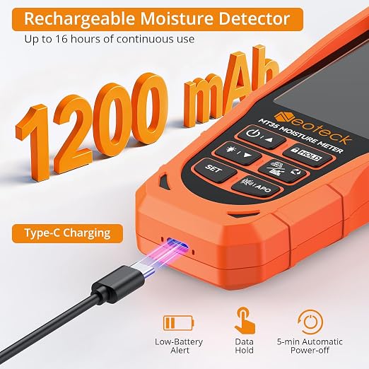 Neoteck 6 in 1 Pinless Moisture Meter 19mm Digital Moisture Detector ±2% Accuracy Wood Moisture Reader with Audible &Visual Alarm and 2.9inch LCD Display for Wood Wall Concrete Drywall Plaster Screed