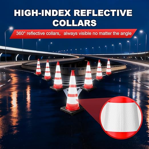 YATOINTO Traffic Cones 28 Inch with Weighted Base,Spring Back After Flattening,3 Reflective Collars,PVC Large Orange Construction Cones,Driving Training,Parking Lots,Highway,Roadwork,4 Pack
