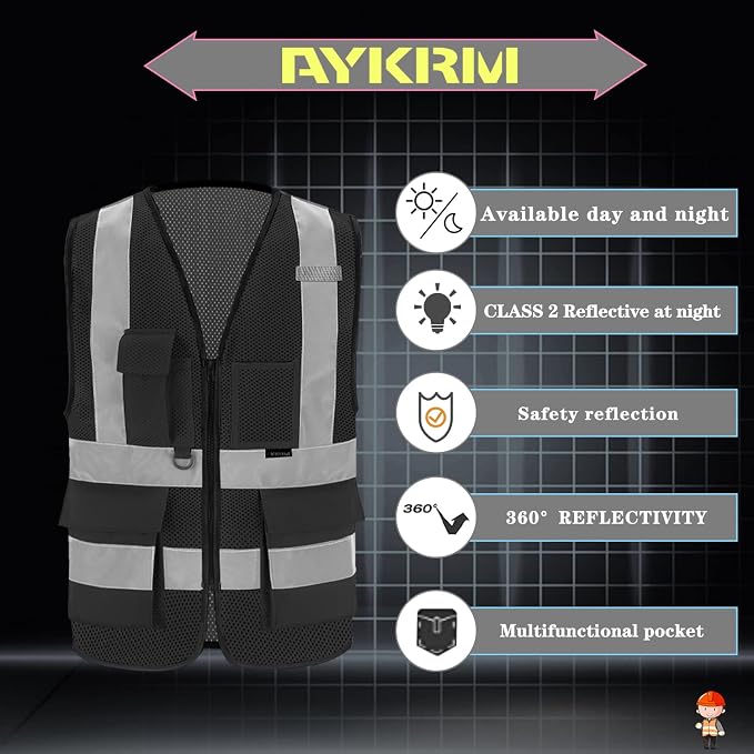 Black safety vest breathable | Black XL mesh vest with reinforced zipper pockets, clear PVC ID holder and mic tabs for warehouse work; unisex workwear.