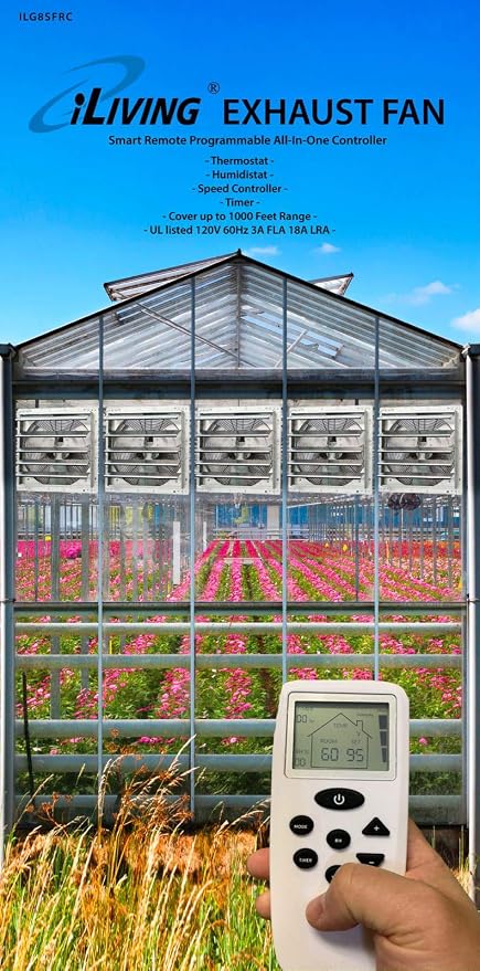 iLiving 18" Shutter Exhaust Fan with Wireless Smart Remote Controlled Thermostat and Humidity, Variable Speed Wall Mounted Attic Vent Fan, Chicken Coop Ventilation, 1736 CFM, 2600 SQF Coverage Area