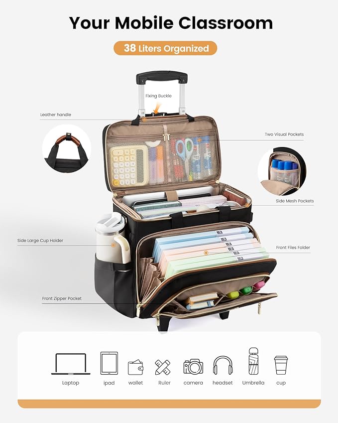 LOVEVOOK Rolling Teacher Bag with Detachable Dolly and Laptop Compartment, Large Rolling Tote Bag fits for 17.3" Laptop for Teacher Office Work Craft Nurse, Quilted-Black