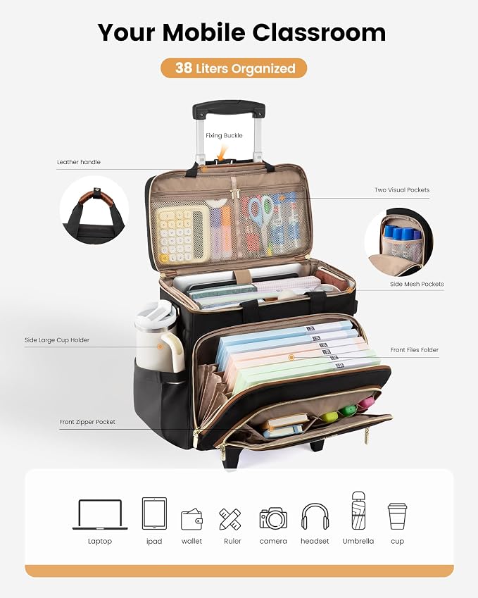 LOVEVOOK Rolling Teacher Bag with Detachable Dolly and Laptop Compartment, Large Rolling Tote Bag fits for 17.3" Laptop for Teacher Office Work Craft Nurse, Black-brown