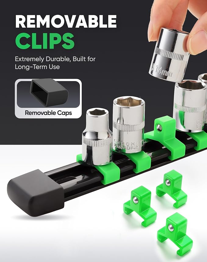 ALOANES 18PC Socket Organizer, Socket Rails Fit 1/2", 1/4" and 3/8" Drive | Portable Heavy Duty ABS Socket Holders Hold up 258 Sockets for Toolbox Drawer Bags(Green)