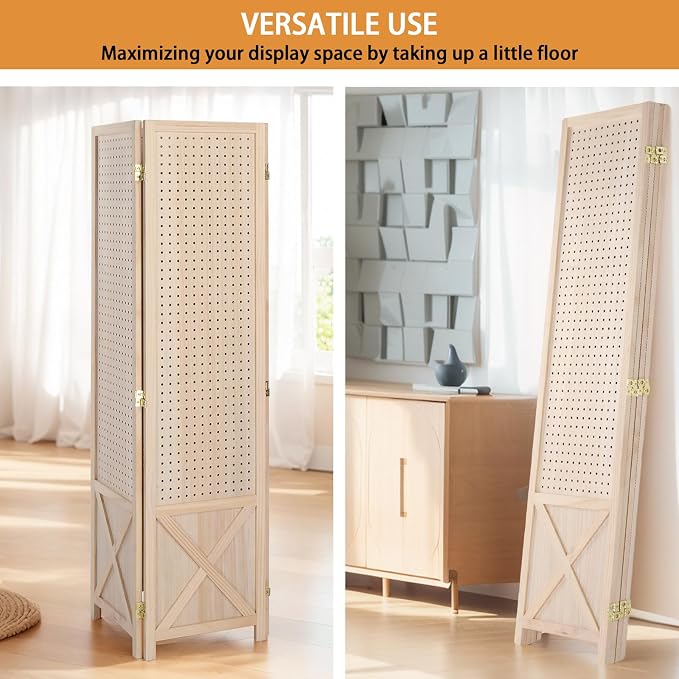 VINGLI Freestanding Pegboard with Support Feet, 5 FT Wood Room Divider Display Board Organizer, Folding Privacy Screen Partition Space Separator for Craft Shows Events Retail (Natural, 4 Panel)