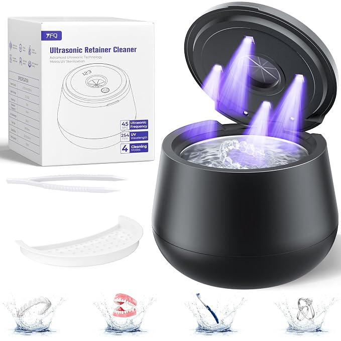 45kHz Ultrasonic Retainer Cleaner, 200ML Dental Cleaning Pod for Dentures, Mouth Guards, Braces, Aligner, Toothbrush Jewelry and More, UV Denture Cleaner with 4 Modes dental care
