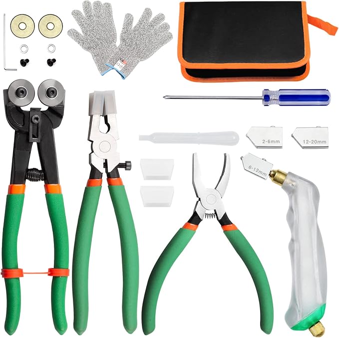 SPEEDWOX Glass Cutting Tool Kit Include Glass Running Pliers, Breaker Grozer Pliers, Mosaic Nippers with Replacement Wheel, Pistol Grip Glass Cutter Set, Cut Resistant Gloves Leather Zipper Bag