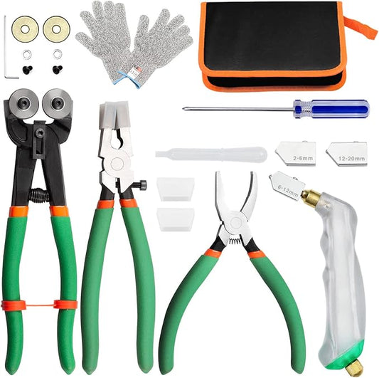 SPEEDWOX Glass Cutting Tool Kit Include Glass Running Pliers, Breaker Grozer Pliers, Mosaic Nippers with Replacement Wheel, Pistol Grip Glass Cutter Set, Cut Resistant Gloves Leather Zipper Bag