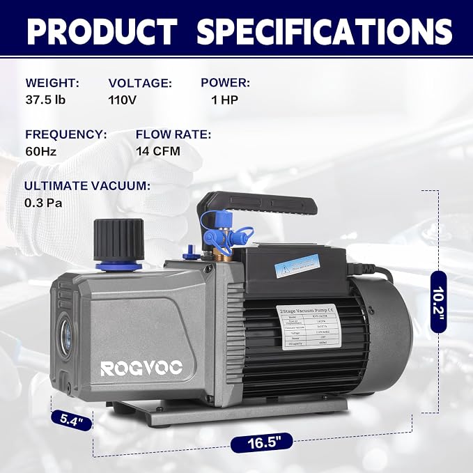 14 CFM Vacuum Pump, 110V 1 HP Dual Stage Rotary Vane Air Vacuum Pump for HVAC/AUTO, AC Refrigerant Recharging, Applicable to R12 R22 R134a R410a