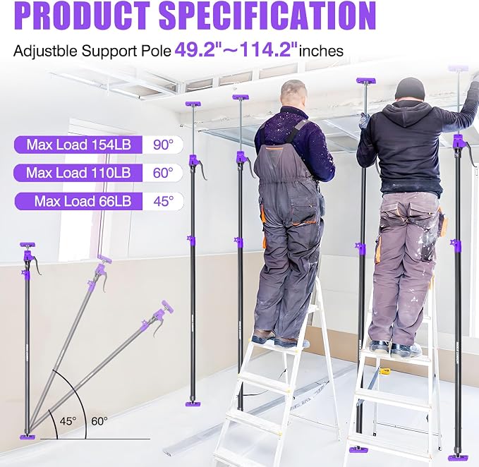 Quality Steel Adjustable Cabinet Jack Support Pole, Quick Support Rod & Drywall Jack, Zip wall Dust Barrier Poles, 3rd Hand Support System 154LB, Cabinet Installations from 49.2-114.2 in, 4-Pack