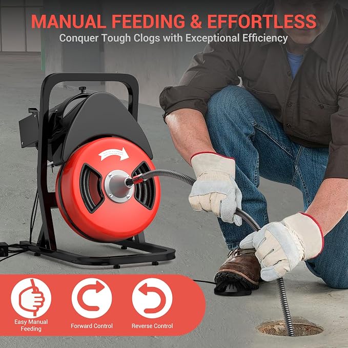GarveeLife Drain Cleaner Machine,Drain Auger 50ft x 1/2 Inch Drain Cleaning Machine with 450W Motor & 4 Cutters for 2" to 4" Pipes, Includes Air-Activated Foot Switch