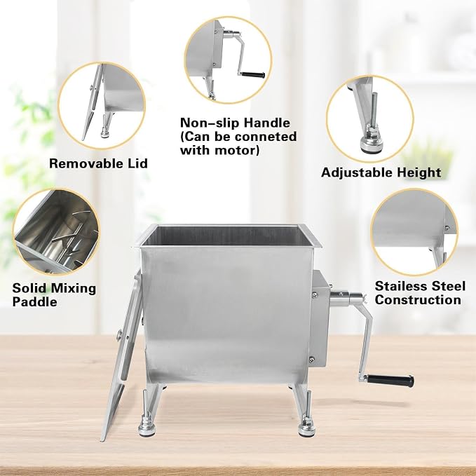 CLIVIA Manual Meat Mixer, 60 Pound Meat Mixer for Sausage, 60lbs 30L Capacity Tank Sausage Mixer, Stainless Steel Food Processing Equipment with Lid for Meat, Sausage, Vegetable, Burger, Dumplings