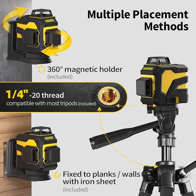 IKOVWUK 3x360° Laser Level with Tripod & Remote, Built-in 5200mAh Battery | Adjustable 59.8-inch Tripod, for Construction and Picture Hanging