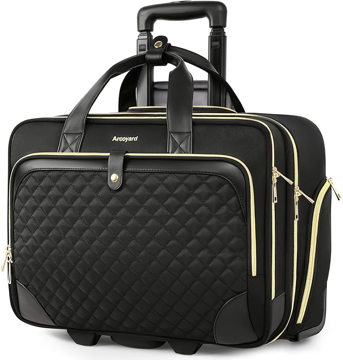 Arcoyard Rolling Laptop Bag, Rolling Briefcase for Women with Waterproof Pocket, 16 Inch Computer Bag, Underseat Carry On Luggage with Wheels for Work Travel Business, Lightweight Black