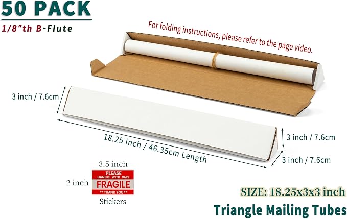 50-Pack Triangle Shipping Tubes, 18.25x3x3 inch Mailer Boxes | White, Corrugated Cardboard Boxes, For Posters, Blueprints, Artwork, Crafts, Mailing, Packaging, Storage