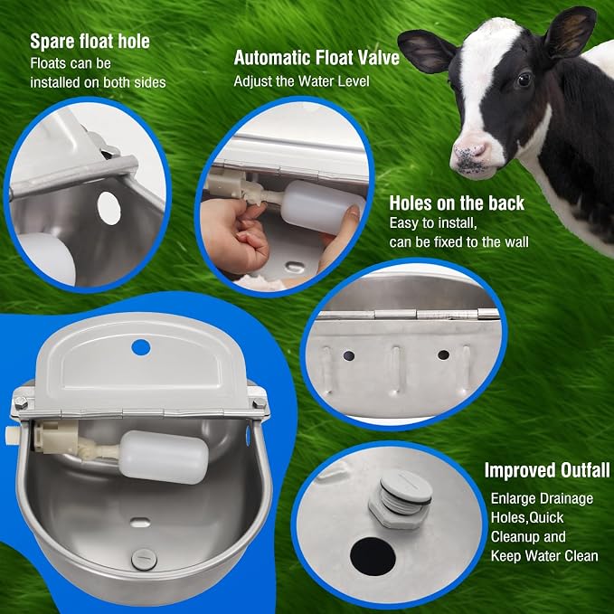 2 Pack 304 Stainless Steel Automatic Livestock Waterer with Float Valve & Drainage Hole – 39 inch Water Hose (one end 3/4“), Animal Drinking Bowl for Dogs, Chickens, Goats, Cows