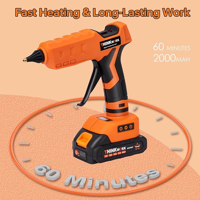THINKWORK 20V Cordless Glue Gun - Digital Temp Adjustable Drip-Free Fast Heating Full Size Heavy Duty Hot Glue Gun with 32 Glue Sticks for Crafts DIY, Repair, Gift