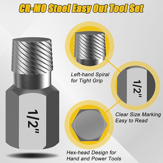 Topec Easy Out Screw Extractor Set 13-Piece, Multi-Spline Easy Out Bolt Extractor Kit, CR-MO Steel Hex Head Remover for Stripped, Broken, Rounded, Rusted Bolts, Screws and Nuts