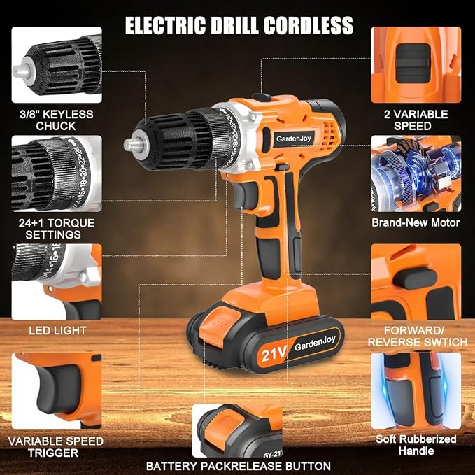 GardenJoy 20v Cordless Drill Set, Power Electric Kit 2 Batteries With Charger 30Nm 2-Speed 3/8" Keyless Chuck 24+1 Torque Drill Driver screwdriver Bits with LED Electric Work Light for MEN DIY