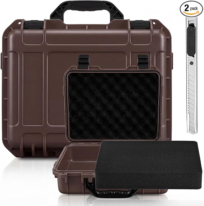 Relaxweex 1 Pcs Waterproof Hard Case with DIY Customizable Foam Insert Portable Protective Case with Knife for Camera Drones Equipments Tools Test Instruments (Brown,11.3 x 8.7 x 4.2 Inch)