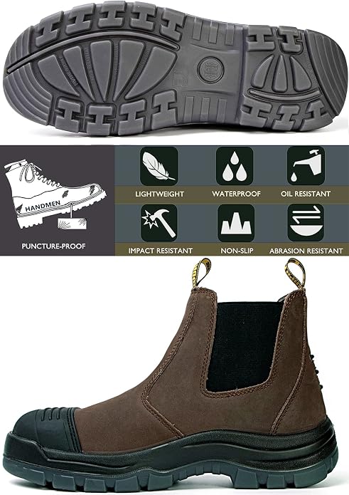 Work Boots for Men, Steel/Soft Toe Waterproof Working Boots, Slip Resistant Slip-on Safety Static Dissipative Working Shoes (Dark Brown)