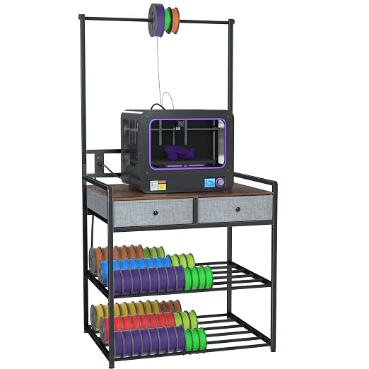 DALEMHOME 3D Printer Stand with Storage, 3D Printer Table with Power Outlet & Filament Rack, Heavy Duty Metal Workstation with Drawers for 3D Printing, Rustic Brown, 31.5" L x 23.6" W x 63" H