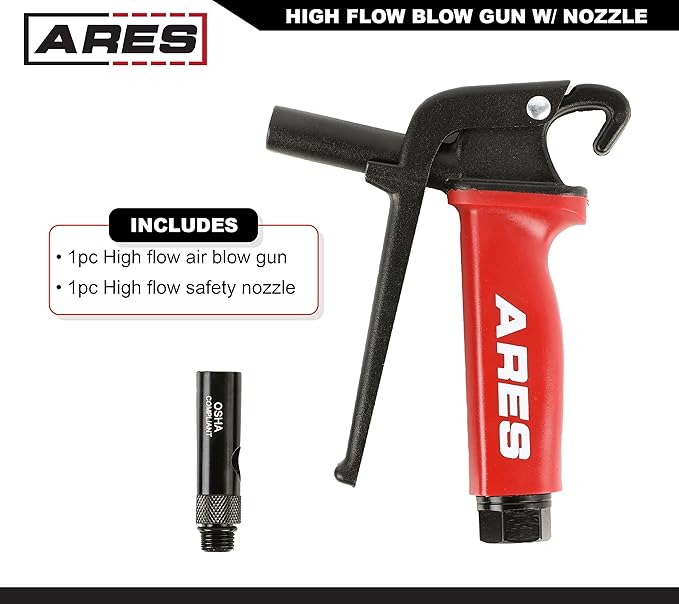 ARES 17004 – High Flow Air Blow Gun – Heavy Duty Aluminum Die Cast Body – Includes Ultra High Flow Nozzle - Meets OSHA Standards