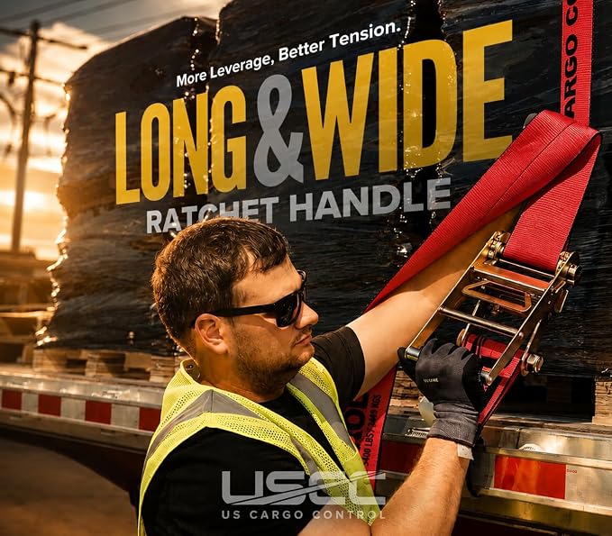 US Cargo Control Flat Hook Ratchet Straps 4” x 30’ (4-Pack), 5,400 LBS Working Load Limit, Red 4 Inch Ratchet Straps with Black Flat Hooks, Professional 4 Inch Straps for Flatbed Trailers