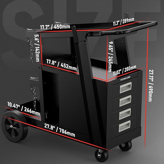 YESWELDER 2-Tier Welding Cart with 4 Drawers, Heavy Duty Large Storage Welding Trolley with 360° Rolling & Safety Chains for MIG TIG Welder and Plasma Cutter