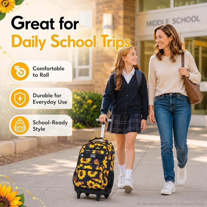 3Pcs Rolling Backpack for Girls Women, Travel Roller Backpacks with Wheels for Adults, Teens College Sunflower Wheeled Bookbag with Lunch Box(Yellow)