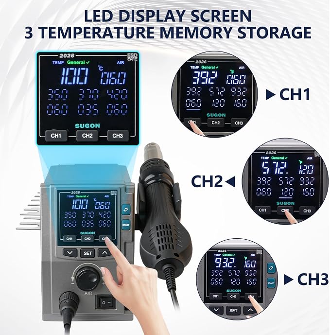 SUGON 2026 Hot Air Rework Station 700W, Standard/Curve heating mode, 4 Air Nozzle, 3 Memory storage, Sleep mode, ℃ / ℉,212℉-932℉, SMD Hot Air Station with Replace Air Nozzle Bracket